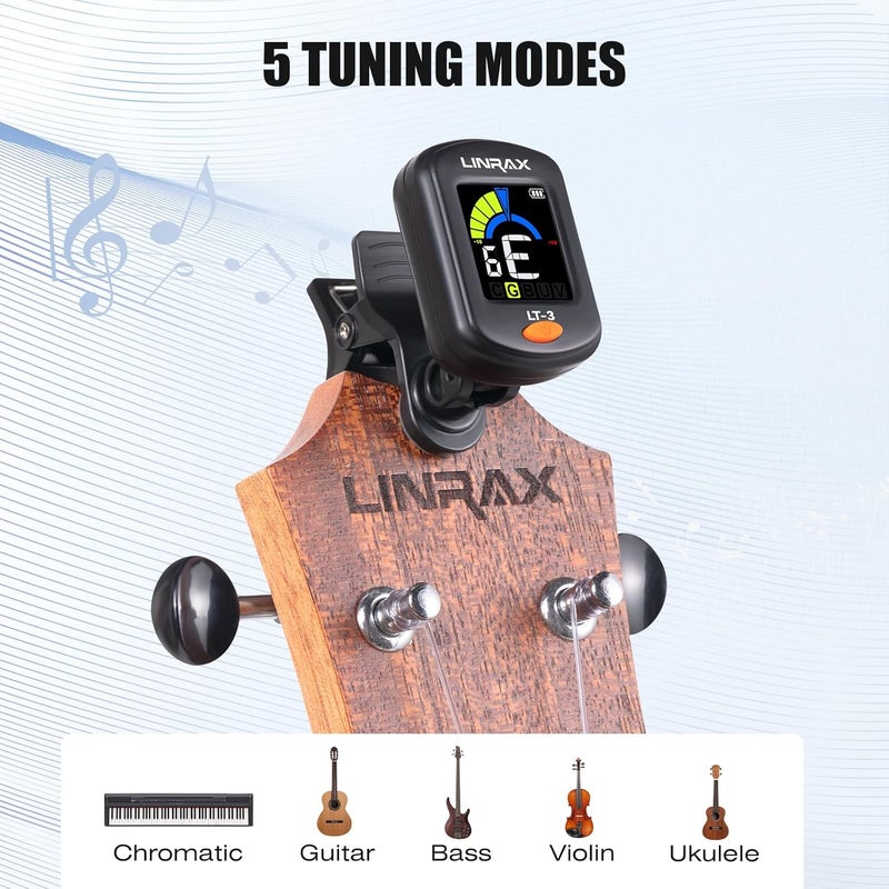 LINRAX LT-3 Guitar Tuner Rechargeable, Clip On Tuner with LCD Color Display, Chromatic Tuner for Guitar Bass Ukulele Violin Banjo Mandolin, Digital Tuner for Stringed Instruments, Guitar Accessories - Image 2